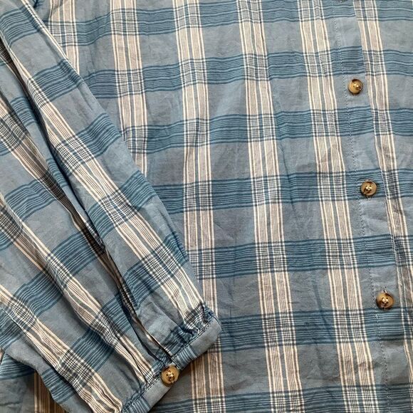 Madewell Ruffle‎ Neck Top Colwell Plaid Medium Blue & White - Picture 4 of 11